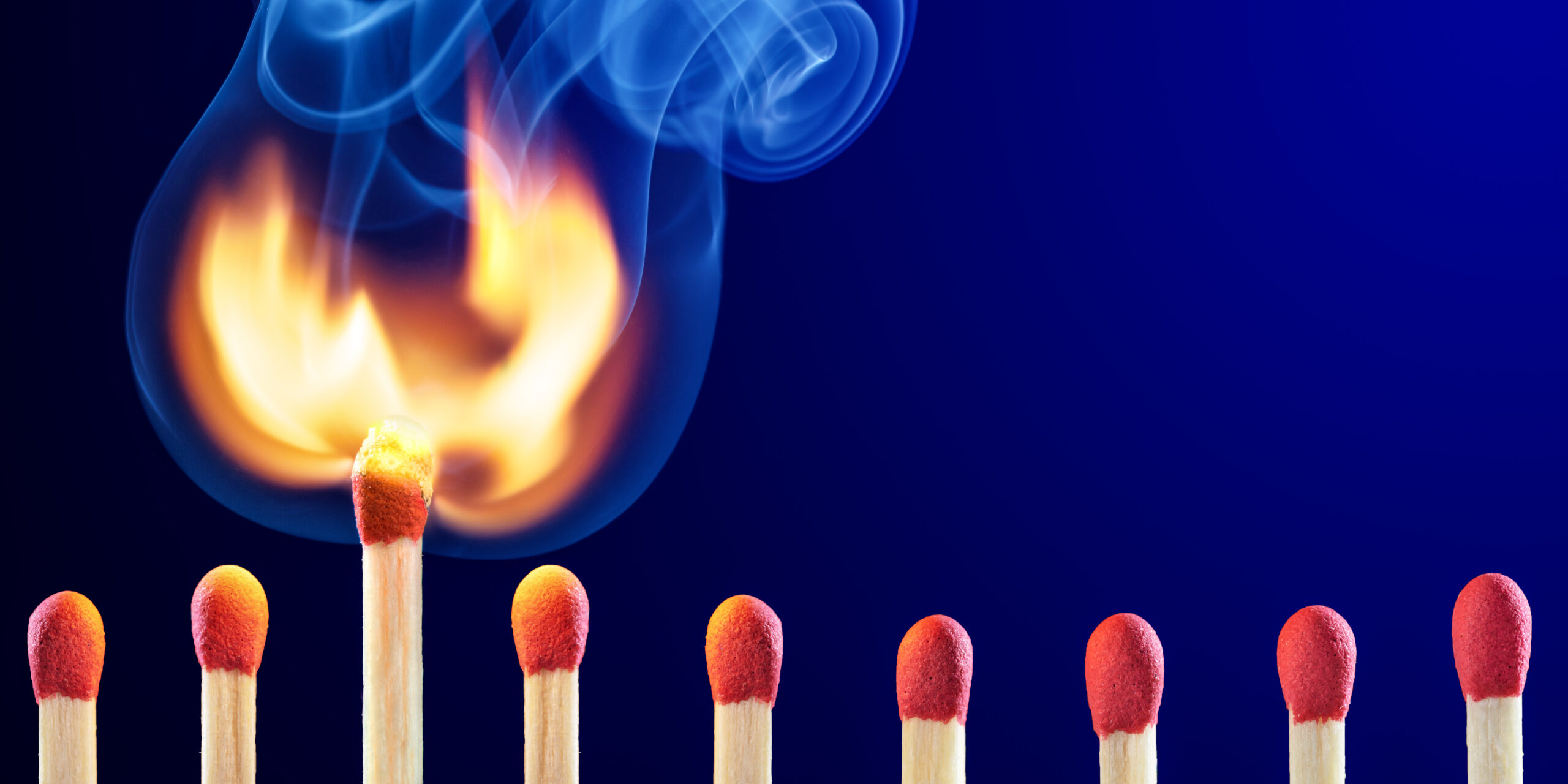 A row of matches against a dark blue background, with one match lit and burning while the others remain unlit